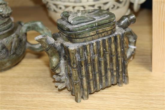 Two Chinese hardstone teapots and a dragon handled dish bowl diameter 25cm